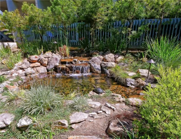 a view of swimming pool with lawn chairs and plants