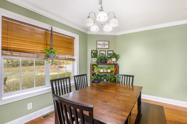 a view of a dining room with furniture window and wooden floor