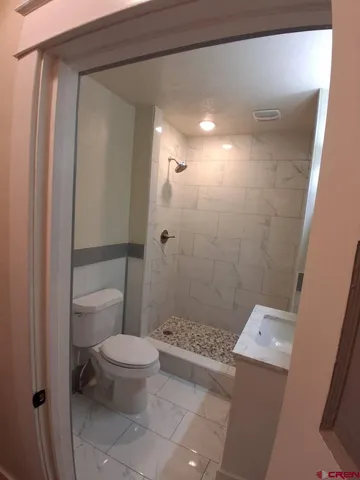 a bathroom with a granite countertop sink toilet and shower