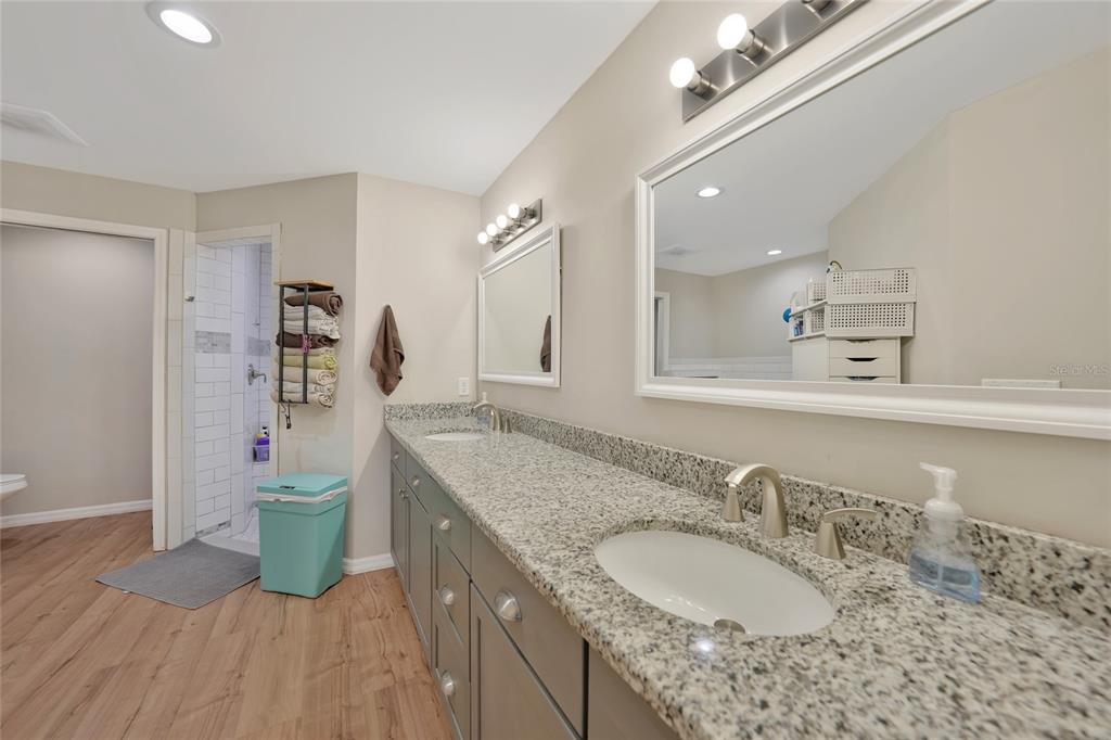27234 Adams Street Punta Gorda, FL 33983 - Photo 22 of 29 a bathroom with a granite countertop sink a large mirror and a shower
