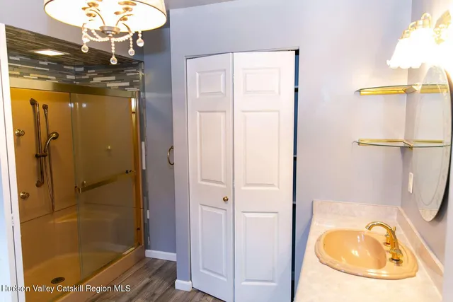 a bathroom with a mirror vanity and shower