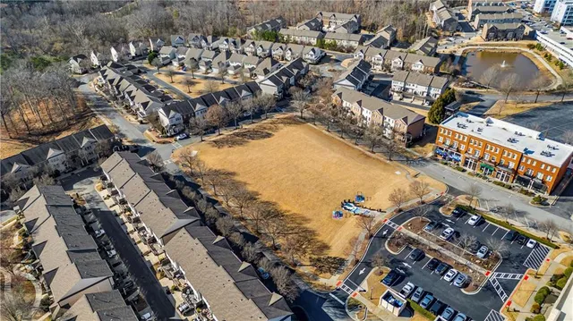 an aerial view of a swimming pool