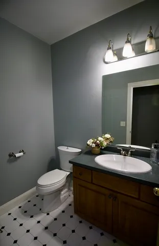 a bathroom with a sink a toilet and a mirror
