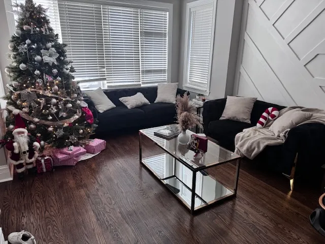 a living room with furniture and a potted plant