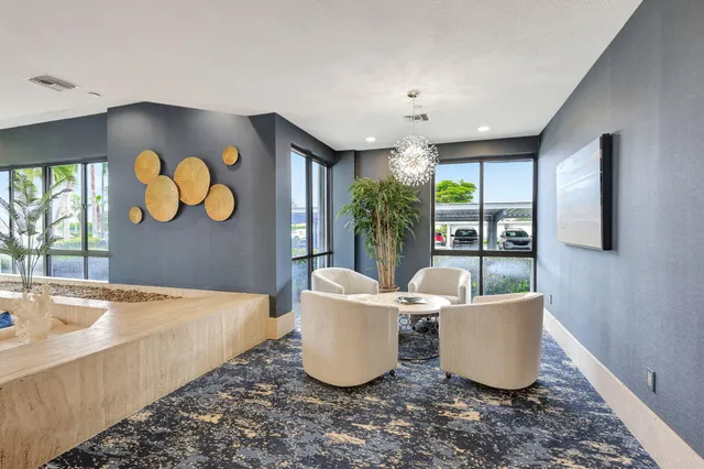 a view of a building with a garden