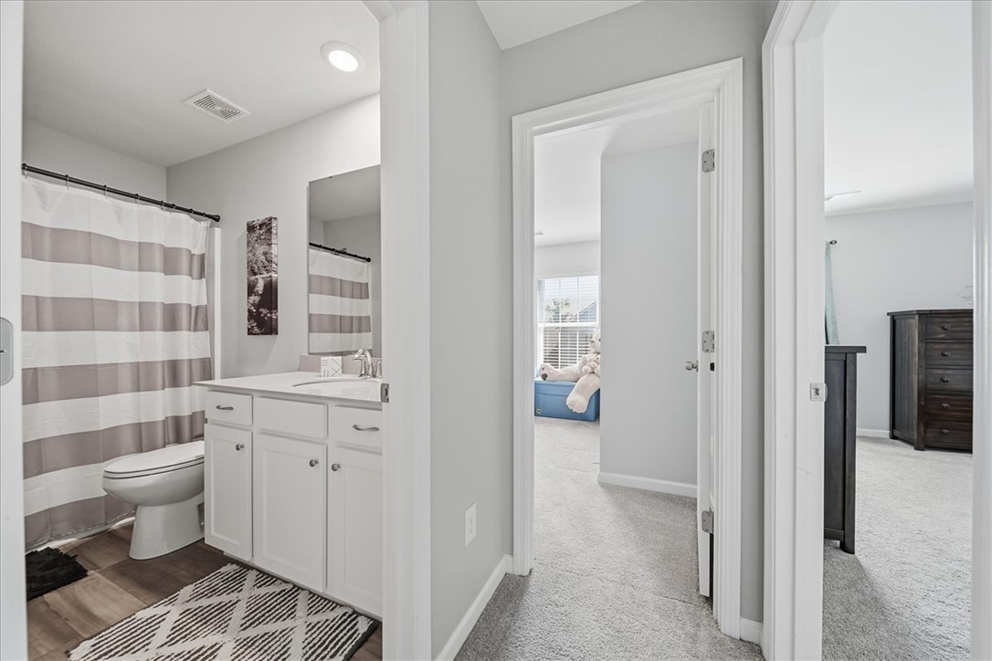 208 Grassy Creek Way Pendleton, SC 29670 - Photo 22 of 43 Functional full bathroom featuring a vanity with a mirror and a toilet, offering convenience and privacy.