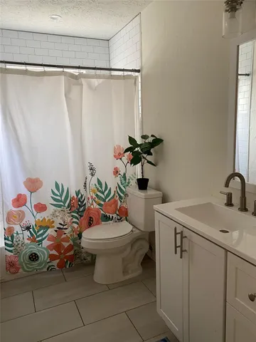 a bathroom with a sink a toilet and shower curtain