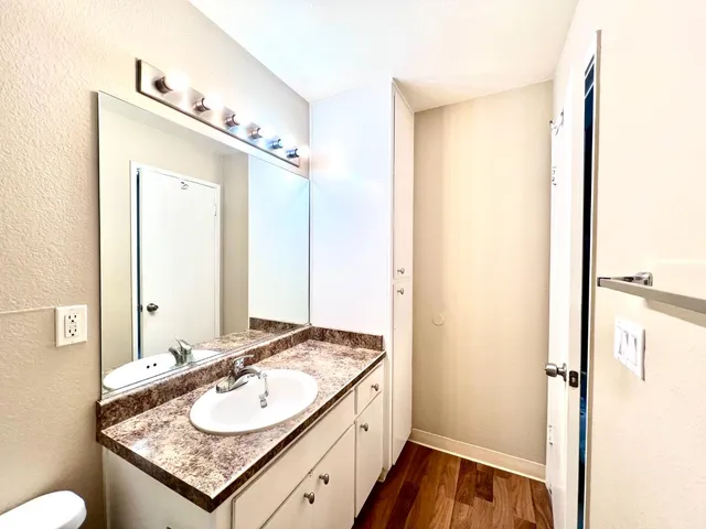 a bathroom with a sink and a mirror
