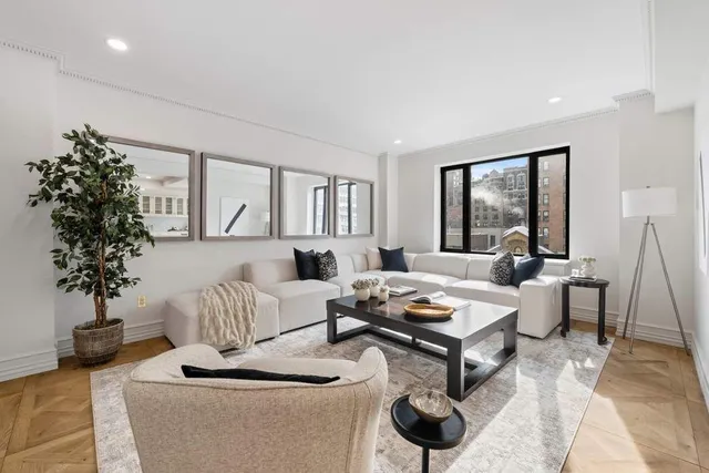 a living room with furniture and a potted plant