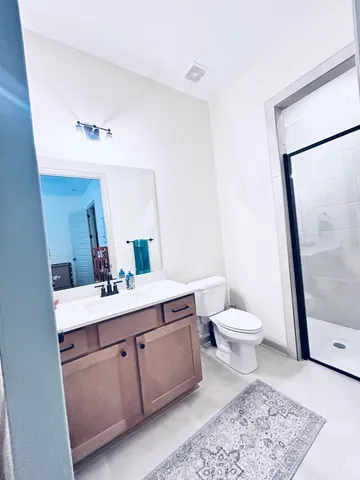 a bathroom with a sink a toilet and mirror