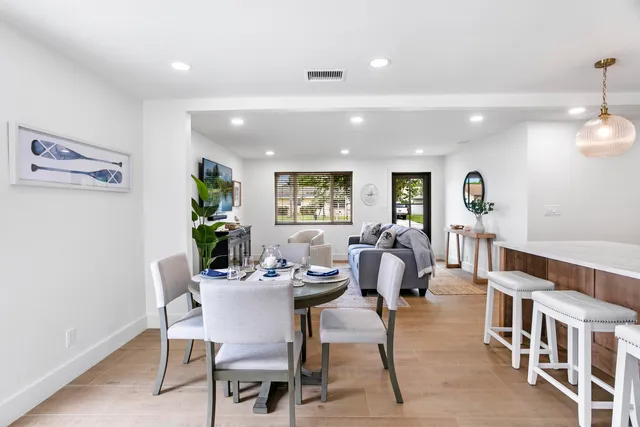 a view of a dining room with furniture