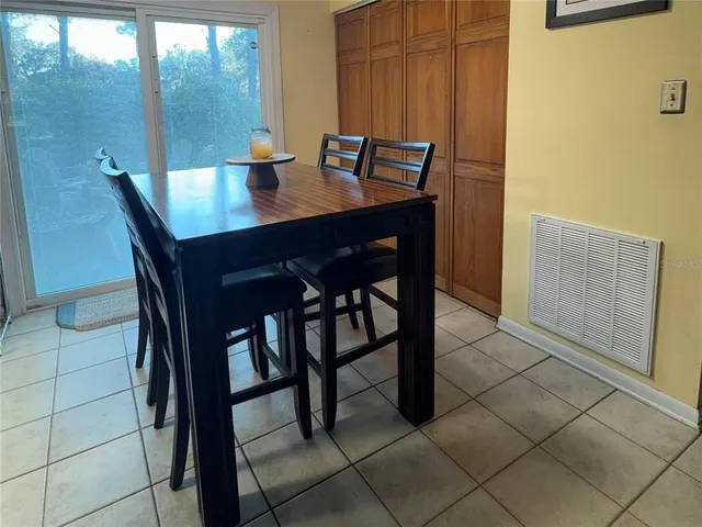 a view of a dining room with furniture and window