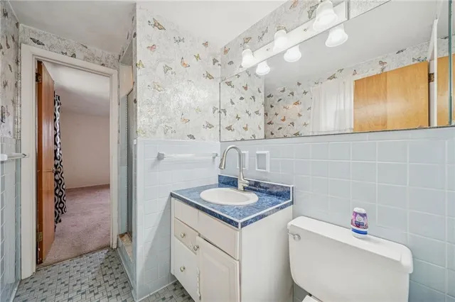 a bathroom with a granite countertop sink a toilet and shower