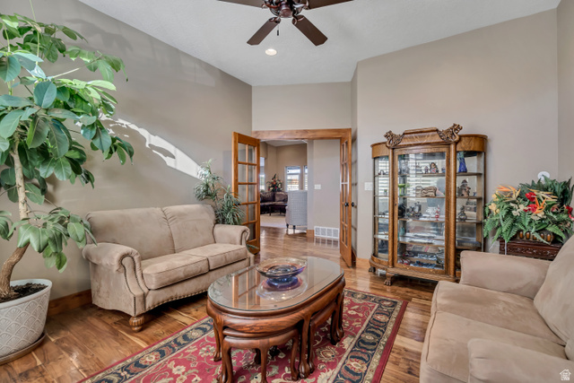 896 West 675 South Mapleton, UT 84664 - Photo 13 of 77 Living room featuring wood finished floors, ceiling fan, and french doors