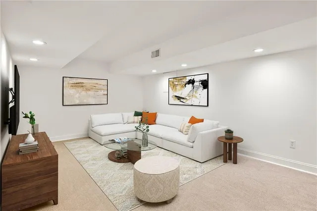 a garden view with a seating space