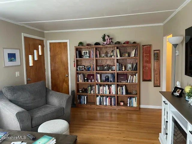 a living room with furniture and a book shelf