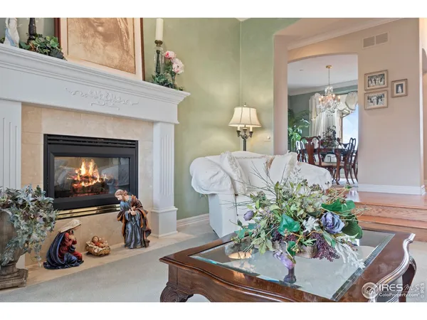 a view of living room with furniture and a fireplace