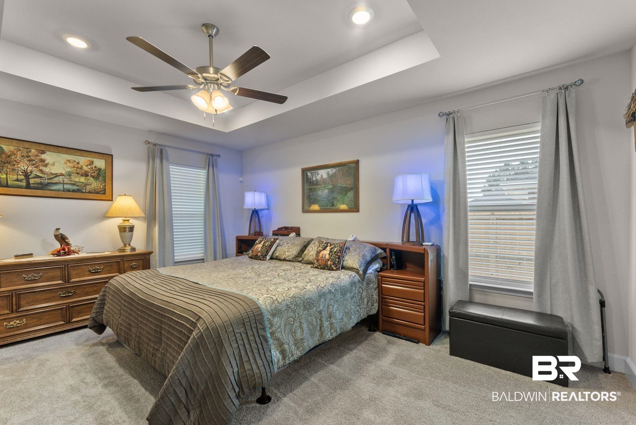 692 Mayflower Drive Foley, AL 36535 - Photo 20 of 40 Bedroom with light carpet, ceiling fan, a raised ceiling, and recessed lighting