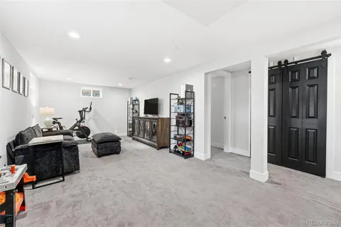 a view of a livingroom with walk in closet and a couch