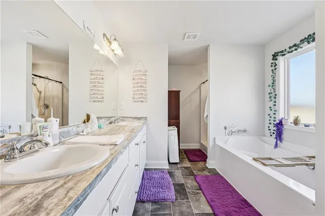 a bathroom with a double vanity sink mirror and bathtub