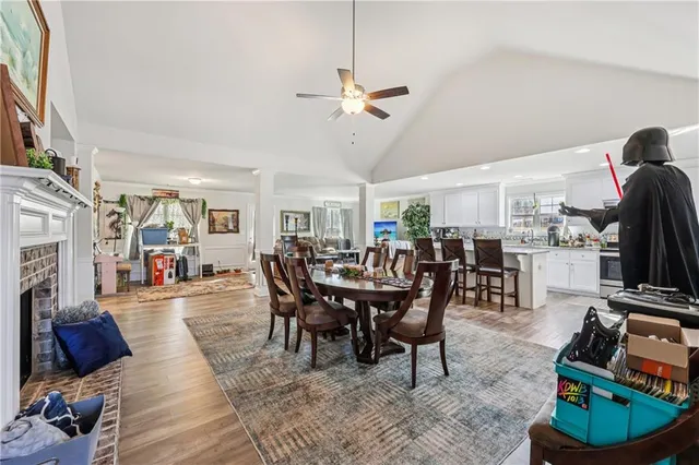 a view of a dining room with furniture