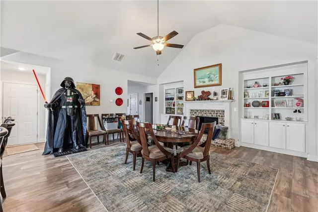a view of a dining room with furniture
