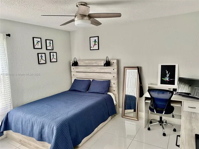 a bedroom with a bed and a desk