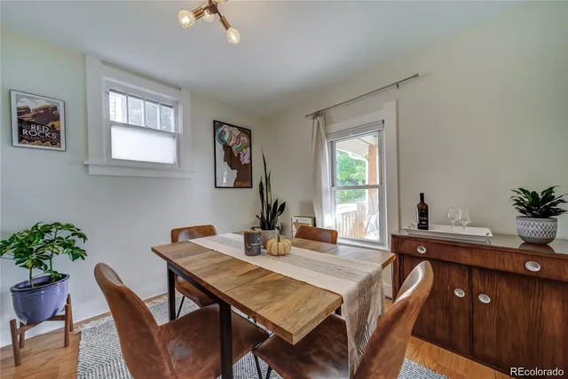 a view of a dining room with furniture window and wooden floor