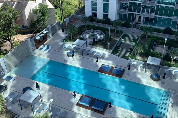 a view of a city with tall trees