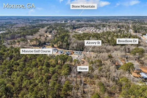 an aerial view of a backyard with fountain and barbeque oven