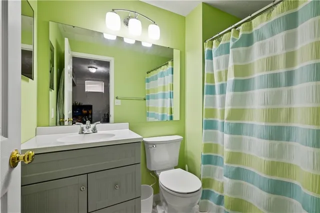 a bathroom with a sink a toilet a mirror and shower curtain
