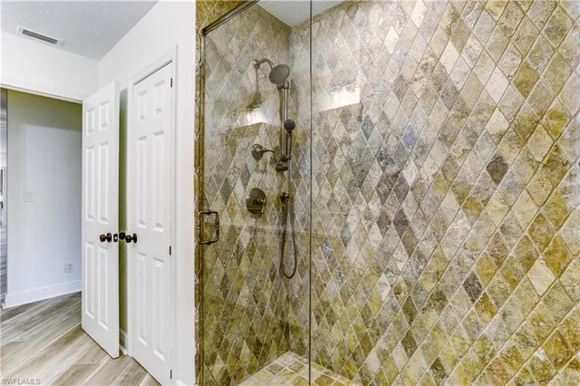 a bathroom with a shower curtain