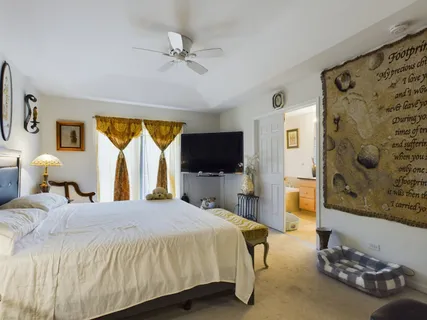 a bedroom with a bed and a flat screen tv