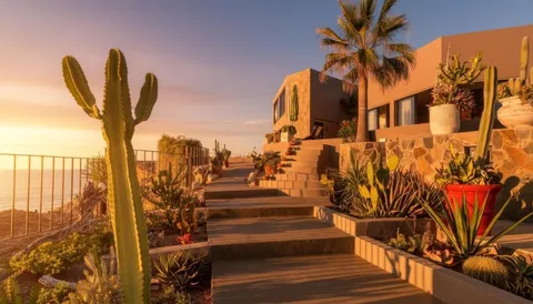 a view of a swimming pool with potted plants