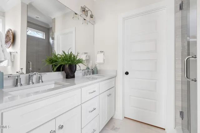 a bathroom with a sink a potted plant and a mirror