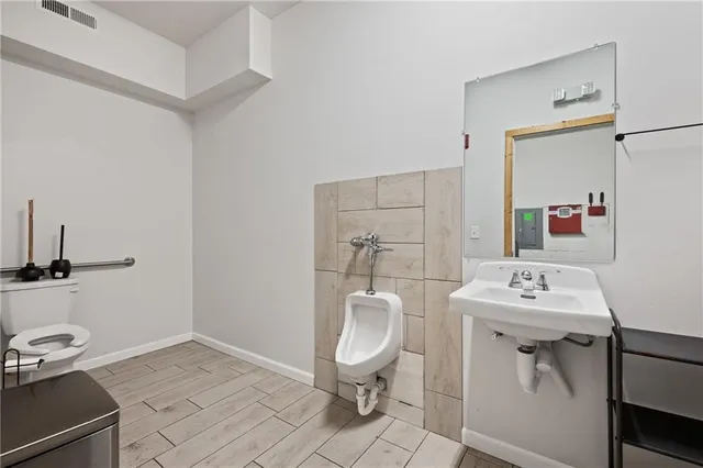 a building exterior with furniture