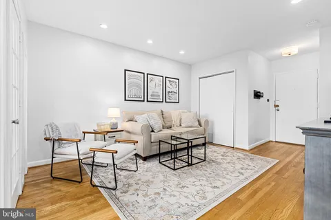 a living room with furniture and a rug
