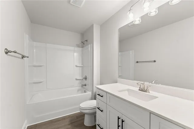 a bathroom with a toilet a sink a mirror a bathtub and vanity