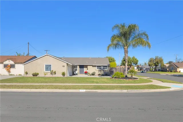 a front view of a house with a yard and palm trees