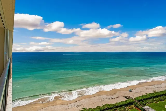 a view of a big yard with an ocean view