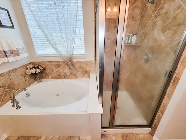 a bathroom with a bathtub and a shower