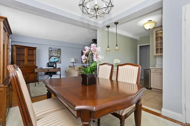 a view of a dining room with furniture