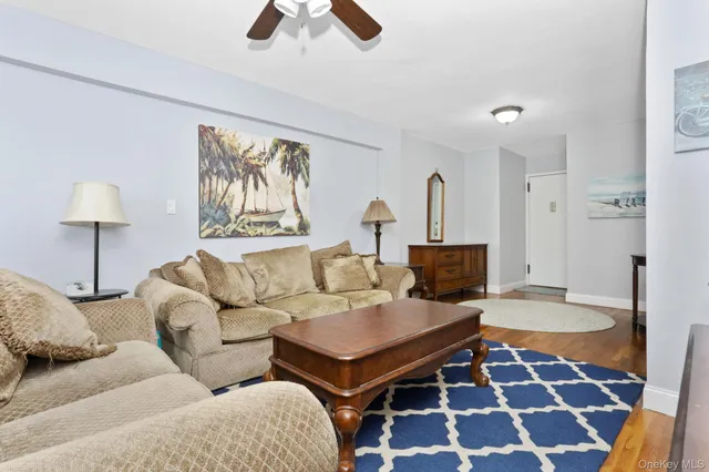 a living room with furniture and a rug