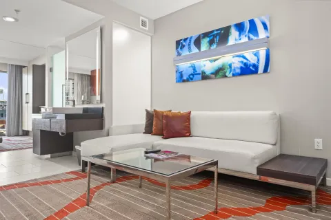 a living room with a couch and a table