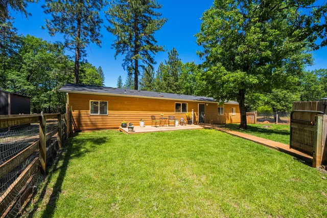 a view of a backyard with large trees