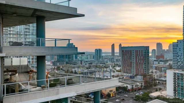 a city view with tall buildings