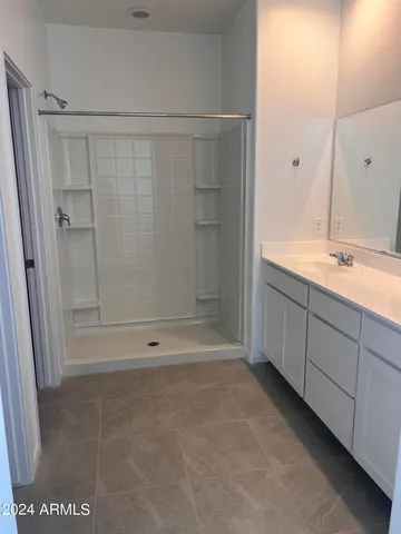 a bathroom with a shower a sink and a mirror