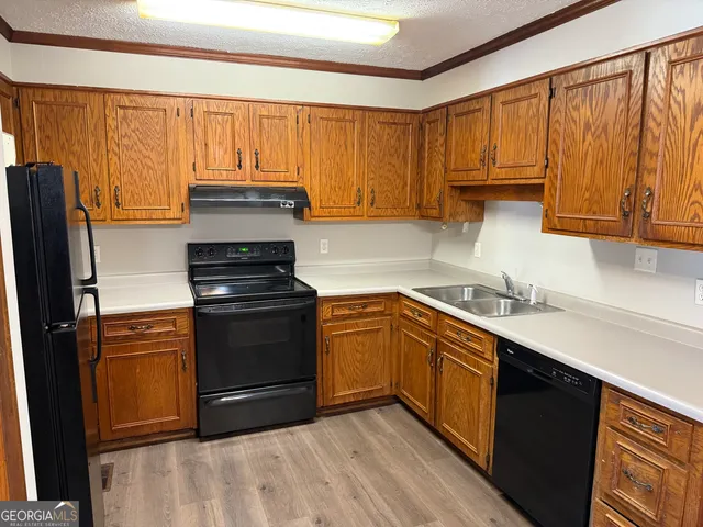 a kitchen with a sink stove and refrigerator