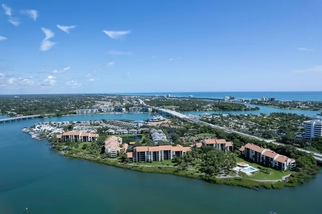 an aerial view of residential houses with outdoor space and lake view