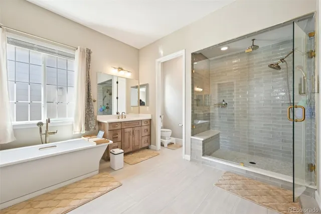 a bathroom with a sink a toilet a mirror and shower